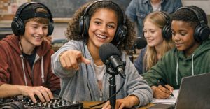 Bild zeigt 4 Kinder, die gerade einen Podcast aufnehmen.